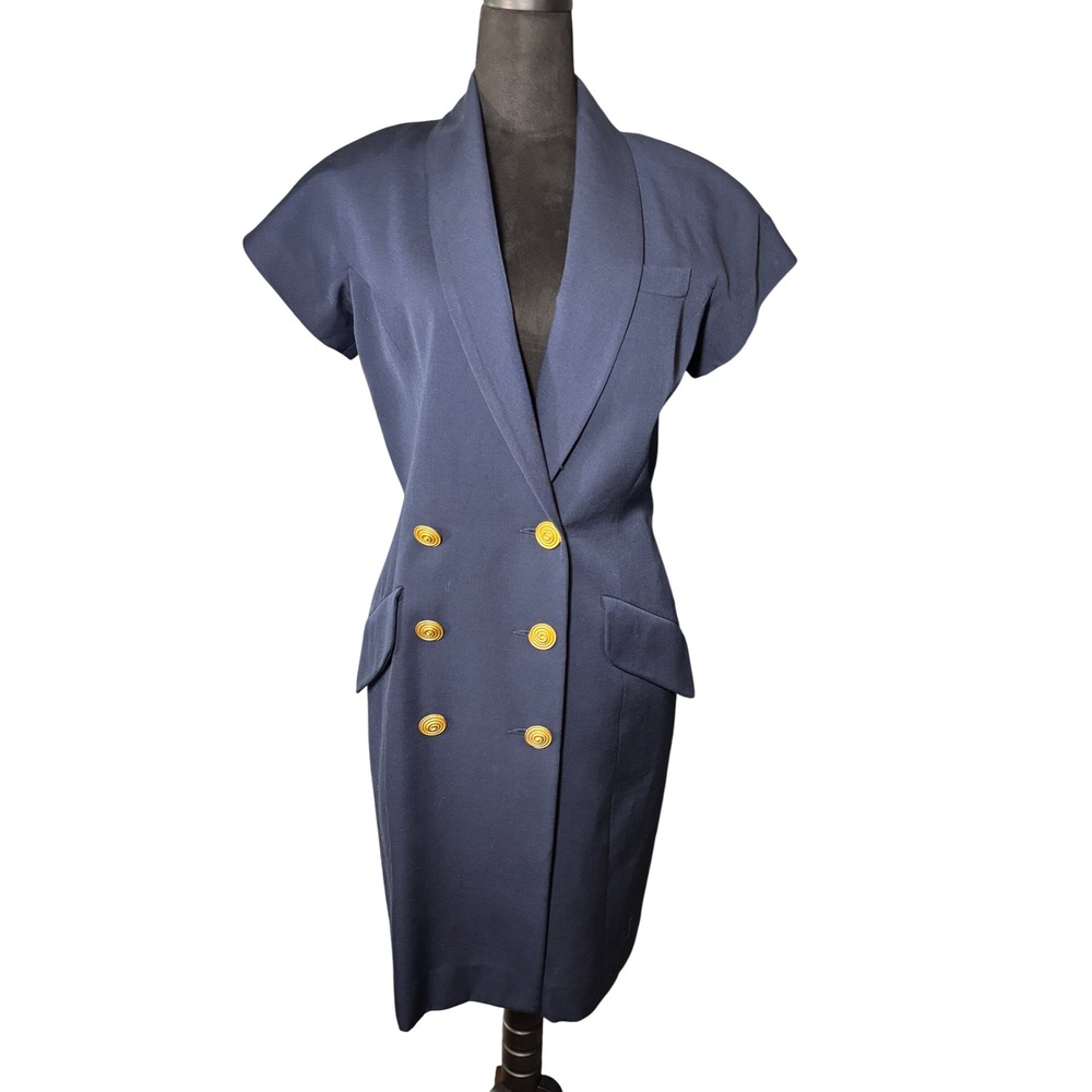 Vintage Bill Blass Wool Navy Blue‎ Short Sleeve Sheath Dress Gold Buttons